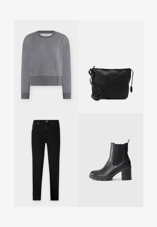 Felpa corta grigia in morbido cotone con scollo rotondo e polsini a coste. Presenta una sottile texture e un'etichetta del marchio ricamata.; Jeans neri in denim con vestibilità slim, dotati di chiusura con bottone frontale, passanti per cintura e classico design a cinque tasche. Texture liscia.; Stivaletto in pelle nera con pannelli laterali elastici, suola in gomma spessa e tacco alto a blocco. Presenta un manico sul retro.; Borsa a tracolla in pelle nera con forma piatta, dettagli in metallo dorato e tracolla regolabile. Texture liscia con dettagli di cucitura minimi.