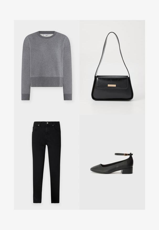 Sivi skraćeni džemper od mekanog pamuka s okruglim izrezom i rebrastim manžetnama. Ima suptilnu teksturu i izvezenu oznaku marke.; Crne traperice uskog kroja s prednjim zatvaranjem na gumb, petljama za pojas i klasičnim dijelom od pet džepova. Glatka tekstura.; Crne kožne pumpe s oštrim vrhom i niskom blok petom. Sadrže remen oko gležnja s zlatnim kopčanjem. Glatka tekstura.; Crna kožna torba s oblikom ugla, s tankom trakicom i zlatnim detaljima, koja ima oznaku s logom na prednjem preklopu.