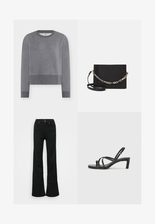 Siva kratka jopica iz mehke bombažne tkanine z okroglim izrezom in rebrastimi manšetami. Ima subtilno teksturo in vezeno oznako blagovne znamke.; Črne razširjene kavbojke iz denima, z visokim pasom, petimi žepi in kovinskim gumbom za zapiranje. Gladka tekstura z minimalnimi detajli.; Črne natikače s trakovi in kvadratnim prstom ter nizkim blokastim peto. Imajo več tankih trakov in nastavljiv trak okoli gležnja. Narejene so iz gladkega usnja.; Črna usnjena torba čez ramo z gladko teksturo, pravokotno obliko in kovinskim verižnim detajlom spredaj. Vključena je nastavljiva naramnica.
