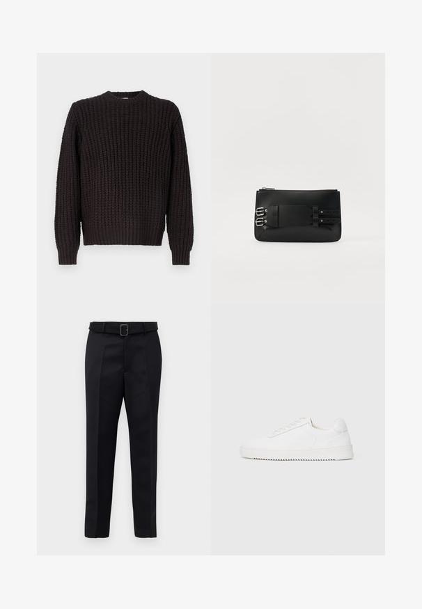 Won Hundred RYDER czarny; Czarne dopasowane spodnie charakteryzują się gładkim materiałem, prostym krojem oraz paskiem w talii z prostokątną klamrą. Wyróżniające się przednie pliski podkreślają design.; Białe trampki z gładką skórzaną cholewką, okrągłym noskiem, sznurowadłami, teksturowanymi akcentami po bokach oraz grubą gumową podeszwą. Minimalistyczny design.; Czarna skórzana kopertówka o gładkiej teksturze, wyposażona w metalowe elementy i szczegół z klamrą z tyłu. Zamek błyskawiczny na górze.