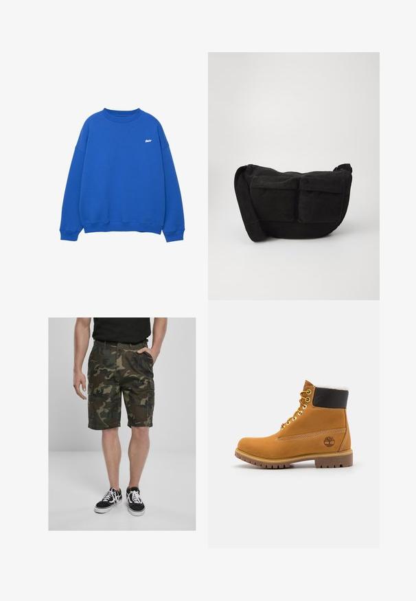 Sötétkék pulóver, puha anyagból készült, kerek nyakkal, hosszú ujjakkal és egy kis fehér logóval a mellrészen. Bordás mandzsetták és alsó szegély.; Zöld és barna árnyalatú, szövetből készült kamuflázs cargo rövidnadrág, cargo zsebekkel. Fekete sneaker cipőkkel párosítva, fehér fűzőkkel.; Barna bőrből készült bokacsizma fém fűzőlyukakkal, fehér szőr béléssel, fekete párnázott gallérral, strapabíró talppal és dombornyomott logóval az oldalán.; Fekete kordbársony keresztpántos táska állítható pánttal, elülső zsebekkel és puha tapintással. Kompakt dizájn minimális részletezéssel.