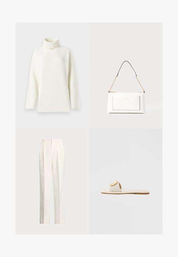 Krém színű, bordázott, garbós pulóver hosszú ujjal és laza szabással. Puha textúrája és varrás nélküli kialakítása fokozza a kényelmét.; Polo Ralph Lauren HEMP WIDE LEG PANT - Nadrágok - nevis; Csúszdapapucs bézs színű pánttal, amely geometriai mintát hordoz, sárga, lekerekített díszítéssel a felső részén, és lapos, világos talppal.; Fehér bőr kézitáska, texturált felülettel, arany lánccal és fekete részletekkel. Elülső zsebbel és cipzáros zárással rendelkezik.