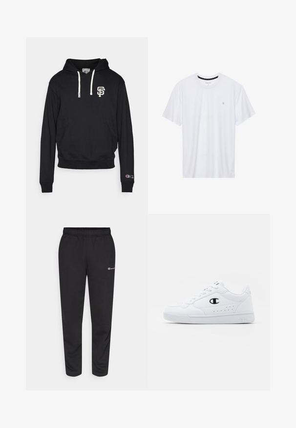 Felpa nera con tasca anteriore, coulisse bianche e logo ricamato "SF". Presenta un orlo e polsini a coste, realizzata in tessuto misto cotone.; T-shirt bianca a girocollo realizzata in cotone, con maniche corte e un piccolo logo ricamato sulla parte sinistra del petto. Texture morbida.; Pantaloni della tuta neri in misto cotone, con vita elastica e un piccolo logo bianco sul lato sinistro. Design con gamba affusolata.; Sneakers atletici bianchi con pelle sintetica liscia, accento del logo nero e dettagli perforati sul lato. Suola in gomma.
