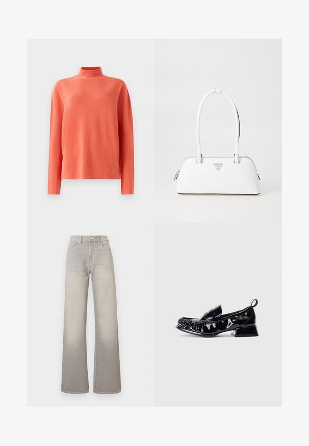 Koraalkleurige gebreide trui met lange mouwen en hoge hals, getoond op een witte achtergrond.; Grijze wijde jeans met een vervaagde afwerking, knoopsluiting, vijfzakkenontwerp en gestikte details langs de naden.; Zwarte patenten leren loafer met vierkante neus, gegATHERd detail, lage blokhak en een trektab aan de achterkant op een witte achtergrond.; Witte leren handtas met een gebogen vorm, voorzien van een zilveren driehoekig logo en ritssluiting. Gladde textuur en dubbele handvaten.