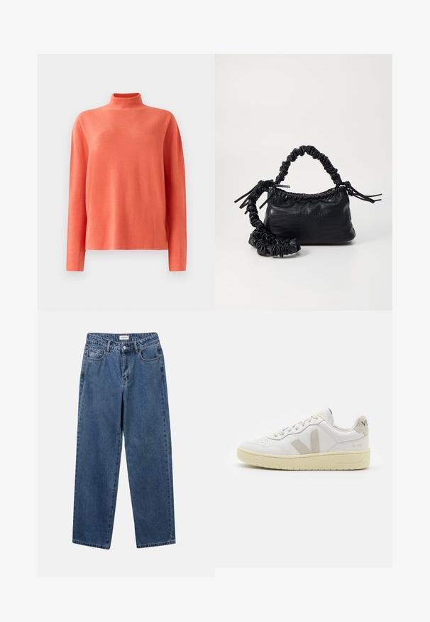 Sweater de malha de manga longa em coral, com gola alta e ajuste relaxado, apresentado sobre um fundo branco.; Jeans de denim azul clássicos com um design de perna reta, cinco bolsos e fecho de botão. Apresenta um tratamento médio e uma textura resistente.; Sapatilha de couro branca com detalhes em camurça bege, biqueira perfurada, atacadores planos e sola texturizada creme. Apresenta uma marcação subtil no calcanhar.; Bolsa de mão em couro sintético preto com textura de crocodilo, topo franzido e alça enrugada. Apresenta um design suave e compacto.