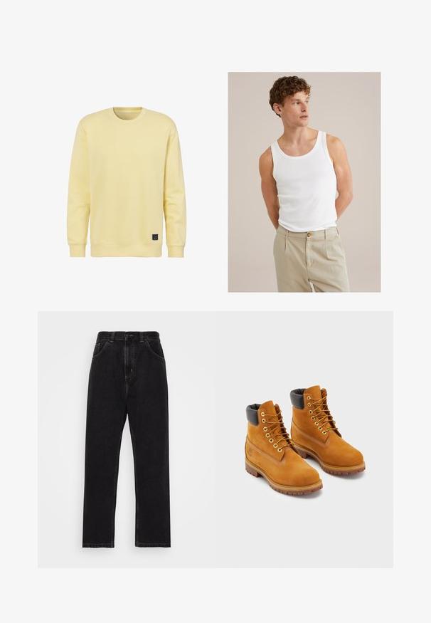 john devin Sweater - gelb; Witte katoenen tanktop met een ronde halslijn en brede bandjes, gecombineerd met lichtbeige broeken met een knoop en plooien.; Zwarte denim jeans met een recht model, voorzien van vijf zakken, een knoop-en-ritsluiting en contrasterende gele stiksels.; Leren werklaarzen in bruin met een zwarte gewatteerde kraag, gouden veterogen en bruine rubberen zolen. Voorzien van contrasterende stiksels en een logo op de zijkant.