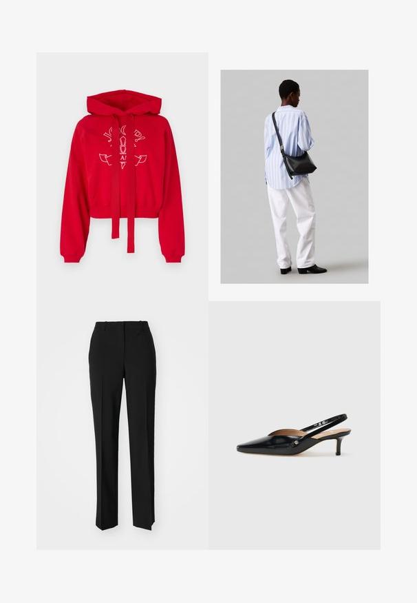 Κόκκινο cropped φούτερ φτιαγμένο από μαλακό ύφασμα διαθέτει κουκούλα, μακριά μανίκια και δέσιμο μπροστά. Έχει λευκή γραφική σχεδίαση στο στήθος.; Μαύρο παντελόνι με ραφή που έχει σχεδιασμό ίσιας γραμμής, διαθέτει λεία υφή και καθαρές πτυχώσεις κατά μήκος της μπροστινής πλευράς. Χωρίς ορατό μεταλλικό υλικό.; Μαύρη πατενταρισμένη δερμάτινη πετρούλα με μυτερή μύτη, μικρό τακούνι και σχέδιο με κοψίματα στο επάνω μέρος. Χρυσές λεπτομέρειες στο πλάι.; Μαύρη δερμάτινη τσάντα ώμου με απαλή υφή, τριγωνικό σχήμα και ρυθμιζόμενο λουρί, συνδυασμένη με ένα ανοιχτό μπλε ριγέ πουκάμισο και λευκό παντελόνι.