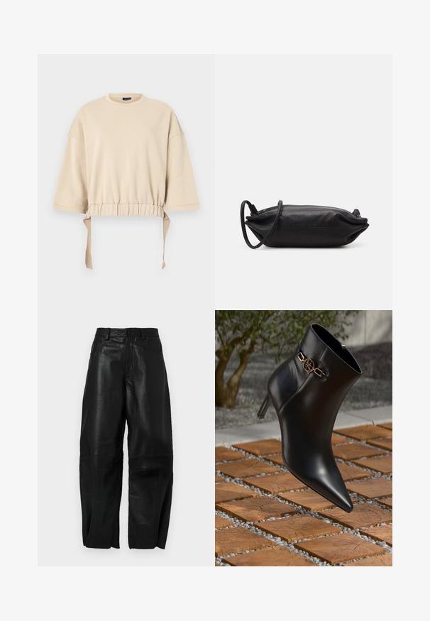 Sweatshirt cropped bege feito de material macio. Apresenta mangas largas, uma cintura franzida com cordões e um decote redondo.; Blusa preta com mangas longas transparentes, apresentando pregas frontais e um detalhe de flor em tecido em camadas no ombro esquerdo. Fecho por botão no pescoço.; Calças de couro preto com um ajuste solto, apresentando um design de perna reta, bolsos frontais e detalhes de costura visíveis.; Bota de tornozelo em couro preto com bico fino e salto pequeno. Apresenta um detalhe em corrente dourada no tornozelo. Cercada por uma superfície de pedra texturizada.; Carteira de mão em couro preto com formato retangular, textura suave, alça de ombro fina e design minimalista.