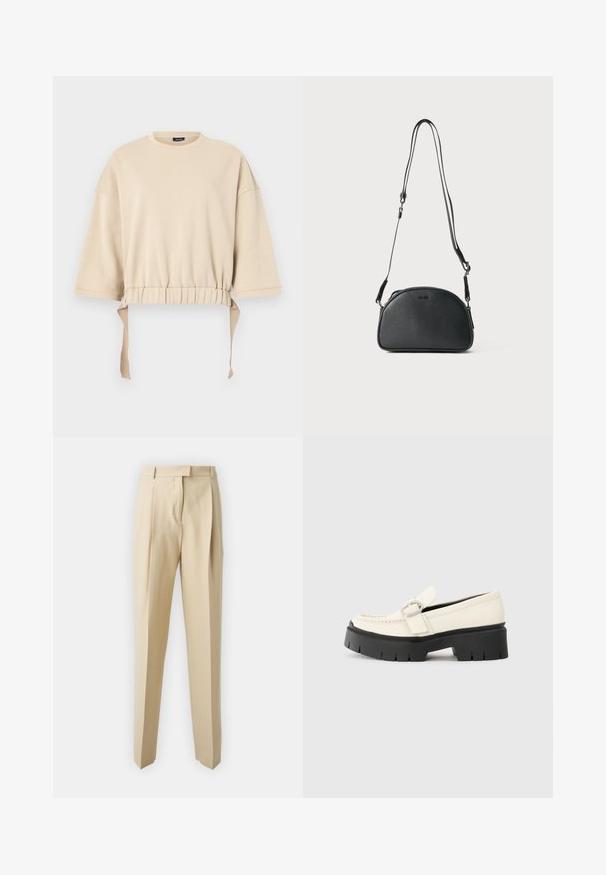 Bees värviga lühendatud dressipluus on valmistatud pehmest materjalist. Omab laia varrukat, kogutud vöökohta sidega ja ümmargust kaelaauku.; Beez värvi jalatsid, sirgete lõigetega, kergelt kortsulistedetailide, vöökoha ja siledaga tekstuuriga. Ei ole nähtavaid taskuid ega kaunistusi.; Valge nahast loafer, millel on massiivne must platvormi tald, neljakandiline hõbedane pandla ja nähtavalt õmblusdetail ülaserval.; Must musta ristkõhu kott ümmarguse kujuga, kahe reguleeritava rihmaga ja diskreetse logoga ees. Tekstureeritud välimus, minimalistlik disain.