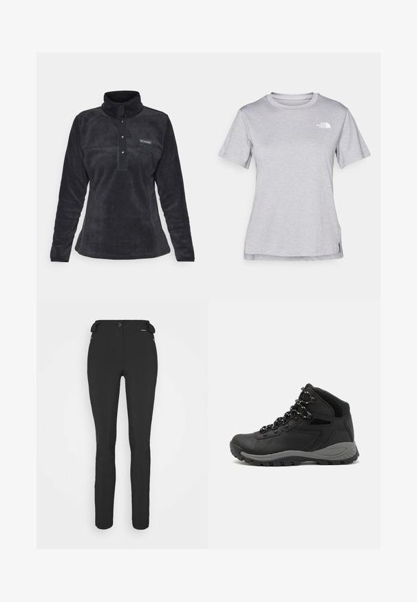 Svart fleece-pullover med ståkrage, tryckknapplås och sidofickor. Mjuk textur med en varumärkeslogotyp på bröstet.; Grå kortärmad t-shirt i mjukt, fuktavledande tyg. Har en rund halsringning och en liten vit logotyp på övre vänstra sidan.; Svarta, åtsittande byxor tillverkade av ett flexibelt material. Funktioner inkluderar en ficka med dragkedja på sidan, artikulerade knän och en jämn yta.; Svart vandringskänga med mellanhög design, som har en texturerad överdel, grå accenter och en slitstark gummisula med greppklackar.