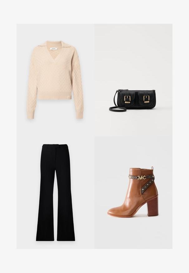 Beige strikket genser med et teksturert diamantmønster, V-hals og krage. Har ribbestrikkede mansjetter og kant, med en merkevarelogo nederst.; Sorte vide bukser med jevn tekstur, skreddersydd linning og frontlommer, designet med en slank, moderne silhuett.; Brune lær ankle boot med stablet blokhæl, sidestraps med guldnitter og en guld "MK" logo spænde.; Svart skinn crossbody veske med to frontlommer, gyldne spenner, glidelåslukking og en slank stropp. Teksturert overflate og kompakt rektangulær form.