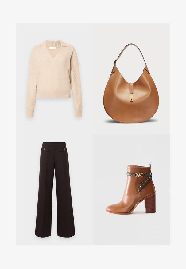 Beezist kootud sviiter, millel on tekstuuriga teemantimuster, V-kaelus ja krae. Omab ribakäe ja -ääre, põhjas on brändi logo.; Tumed pruunid kõrge vöökohaga laiad püksid, millel on ees voldid ja dekoratiivsed nööbiga klapikotid vöökoha lähedal.; Pruun nahkne pahkluu saabas, millel on kõrge plokk konts, külgrihm kullast nänni ja kuldne "MK" logo pandla.; Kohvane nahast käekott, millel on kaarjas kuju ja lai õlavööt. Koti keskosas on kuldne metallne detail ning pind on sile.