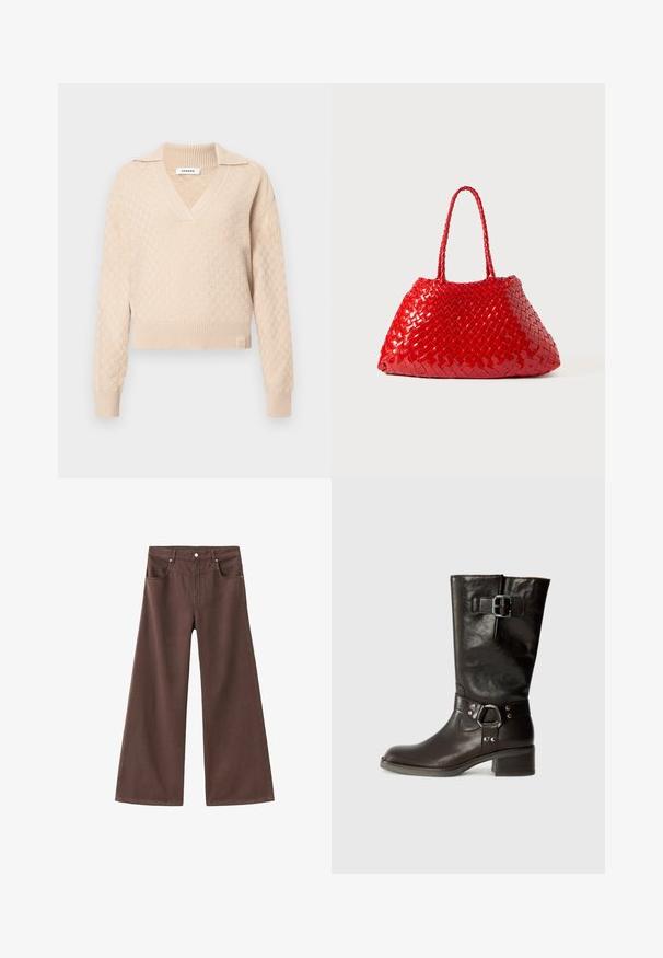 Bežový pletený sveter s textúrovaným diamantovým vzorom, V-výstrihom a golierom. Má rebrované manžety a spodný lem, so značkovým logom na spodnej strane.; Hnedé široké džínsy vyrobené z denimu. Obsahujú päť vreciek, zips a kovové nitky. Hladká textúra a klasický dizajn.; Hnedá kožená vysoká čižma s okrúhlou špičkou, bočnými prackami a hrubým opätkom. Hladká textúra s kovovými detailmi na remienku.; Červená tkaná kabelka s lesklým povrchom, vybavená vrkôčkovými rukoväťami. Výrazný trojuholníkový tvar a textúrovaný povrch s hustým vzorom.