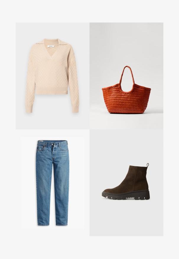 Beżowy sweter dzianinowy o teksturowanym wzorze diamentowym, z dekoltem w kształcie litery V i kołnierzykiem. Posiada ściągacze na rękawach i u dołu, z logo marki na dole.; Niebieskie dżinsy z prostym krojem nogawki, z zapięciem na suwak, dwiema przednimi kieszeniami i delikatnym przetarciem na całej powierzchni materiału.; Brązowy zamszowy botek za kostkę z masywną czarną gumową podeszwą, posiadający lekki obcas i pętelkę z tyłu ułatwiającą zakładanie.; DRAGON DIFFUSION NANTUCKET pomarańczowy