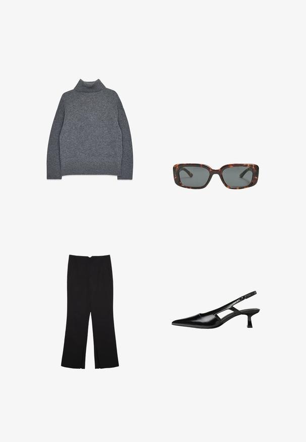 Sivý rolák z jemného, štruktúrovaného úpletu. Vlastnosti: rebrované manžety a dolný lem, s uvoľneným, hranatým strihom pre pohodlie a teplo.; Čierne nohavice so strihom rovného strihu, s prednými vreckami a bočnými rozparkami na leme. Vyrobené z mäkkej, hladkej tkaniny. Vhodné na rôzne príležitosti.; Čierne lakované kožené lodičky na podpätku s špicatou špičkou, výrezovým dizajnom na boku a malým štvorcovým podpätkom. Hladký povrch s minimálnymi akcentmi.; Rámiky slnečných okuliarov v štýle korytnačiny s obdĺžnikovými šošovkami, hrubými rámami a tmavými tónovanými šošovkami. Hladký povrch a minimalistický dizajn.
