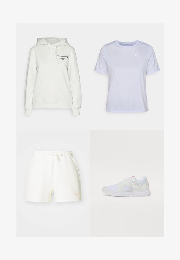 Björn Borg ESSENTIAL HOODIE - Džemperis ar kapuci - zephyr blue; Balts īsām piedurknēm sporta krekls, izgatavots no gludas, vieglas auduma. Iezīmē apaļu izgriezumu un mazu logo kreisajā pusē.; Baltas kokvilnas šorts ar elastīgu jostu un sasietu akcentu. Iezīmē sānu kabatas un mazu apdrukātu logo gaiši oranžā krāsā.; Baltas sporta apavu modelis ar sieta augšdaļu, kontrastējošiem pelēkiem akcentiem, mīksta apkakle un gumijas zole. Ausis slēgšana un logotipa elements uz sāna.