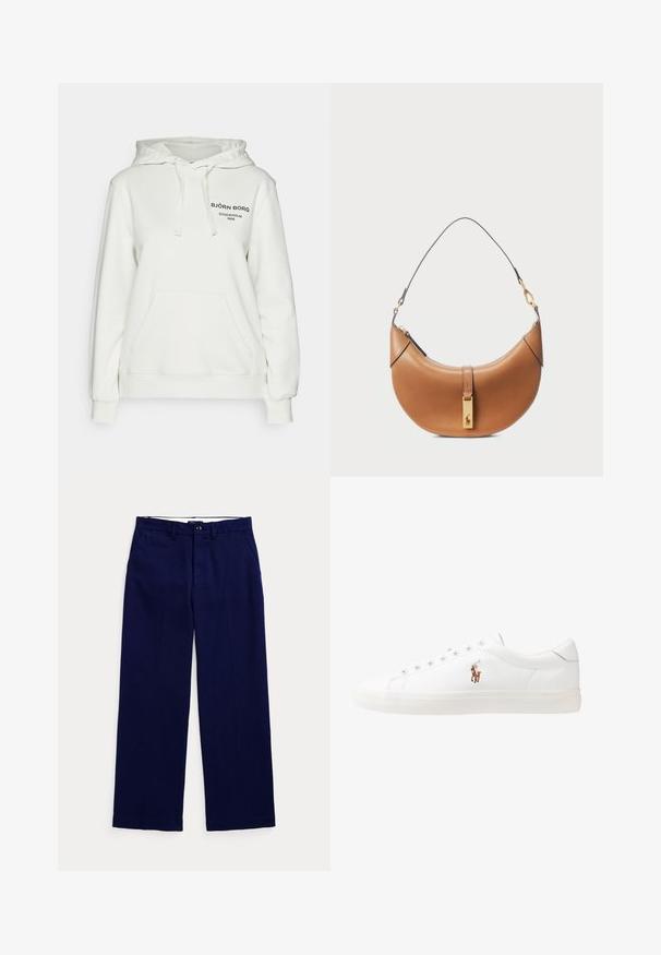 Björn Borg ESSENTIAL HOODIE - Mikina s kapucí - zephyr blue; Námořnické modré kalhoty rovného střihu s poutky na opasek, zapínáním na knoflík a bočními kapsami na čistém světlém pozadí.; Bílé kožené tenisky, nízký střih, s hladkým povrchem, kulatou špičkou, šněrováním v přední části a malým vyšitým logem na boku.; Hnědá kožená kabelka s zakřiveným tvarem, zlatými detaily a tenkým ramenním popruhem. Obsahuje zipové uzavření a logo na přední straně.