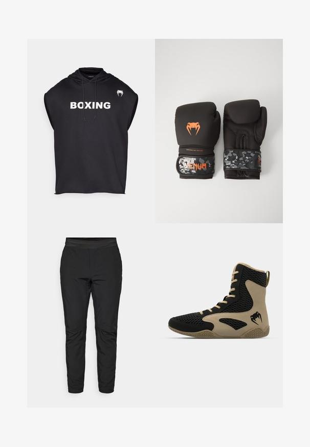 Juodas be rankovių džemperis, pagamintas iš sklandžios tekstūros audinio. Priekyje yra didelis baltas "BOXING" spaudas ir mažas logotipas ant peties.; Juodi tamprūs kelnės su prigludusia forma, elastinga juosta ir užtrauktuku uždaromomis kišenėmis. Lygi tekstūra su lengvu blizgesiu.; Aukštesni sportiniai batai, turintys juodą tinklinį paviršių su smėlio spalvos akcentais. Tekstūruota gumos pašiūrė ir logotipo detalė šonėje.; Juodi bokso pirštinės su matinio paviršiaus apdaila ir ergonomišku dizainu. Oranžinės logotipo detalės ir kamufliažo rašto riešo diržai.