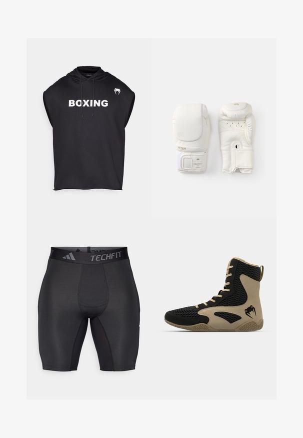 Juodas be rankovių džemperis, pagamintas iš sklandžios tekstūros audinio. Priekyje yra didelis baltas "BOXING" spaudas ir mažas logotipas ant peties.; Juodos sportinės šortai, pagaminti iš lygaus, elastingo audinio. Savybės: platus, ženklintas juosmuo ir plokšti siūlai, užtikrinantys komfortą ir ilgaamžiškumą.; Aukštesni sportiniai batai, turintys juodą tinklinį paviršių su smėlio spalvos akcentais. Tekstūruota gumos pašiūrė ir logotipo detalė šonėje.; Balti bokso pirštinės, pagamintos iš tekstūruotos sintetinės odos, su auksiniais akcentais, Velcro užsegimu ir ventiliacijos skylutėmis delnuose.