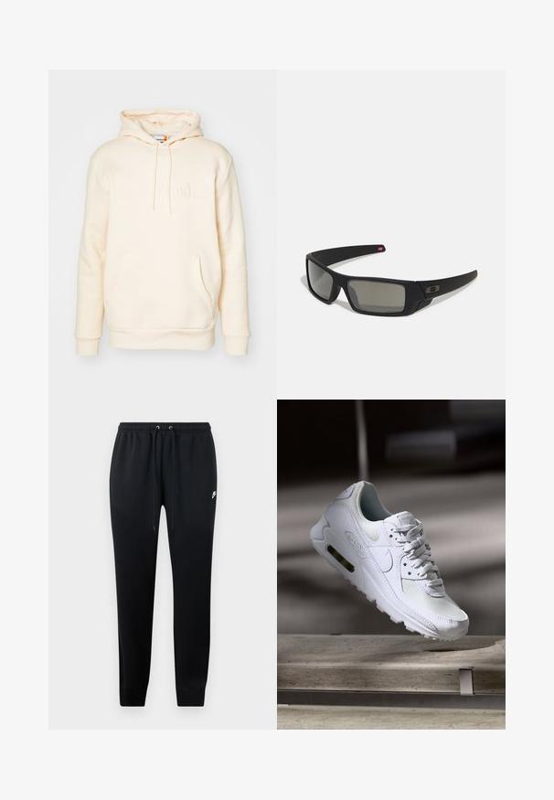 Krémová mikina s kapucňou vyrobená z mäkkej látky, s klokaními vreckom, sťahovacou kapucňou a embosovaným logom "Timberland" na prednej strane.; Čierne teplákové nohavice z mäkkej tkaniny, s elastickým pásom na šnúrky, s manžetami na členkoch a malým logom na boku.; Biele tenisky Nike Air Max 90 s vrchnou časťou z kože a sieťoviny, perforovanou špičkou a viditeľnou vzduchovou jednotkou v päte.; Čierne slnečné okuliare s matným povrchom, obdĺžnikové šošovky, mierna krivka na straničkách, nenápadný detail loga a šošovky so zafírovaným tónovaním.