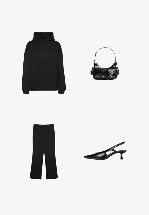 Mustat huppari, jossa on suuri etutasku, rintakehässä tonalisesti brodattu logo, nyörillä säädettävä huppu sekä ribbaustaskut ja helma.; Mustat housut suoralinjaisella leikkauksella, joissa on etutaskut ja sivurei'ät helman alla. Valmistettu pehmeästä ja sileästä kankaasta. Sopii eri tilaisuuksiin.; Mustat lakatut nahkakengät, joissa on viistopää, leikattu sivusuunnassa ja pieni neliökoroke. Sujuva pinta, jossa on minimaalinen koristelu.; Mustekko mustasta kiiltonahasta valmistettu käsilaukku, jossa on kaareva muoto, yksi olkahihna, etutaskut ja hopeanväriset yksityiskohdat.