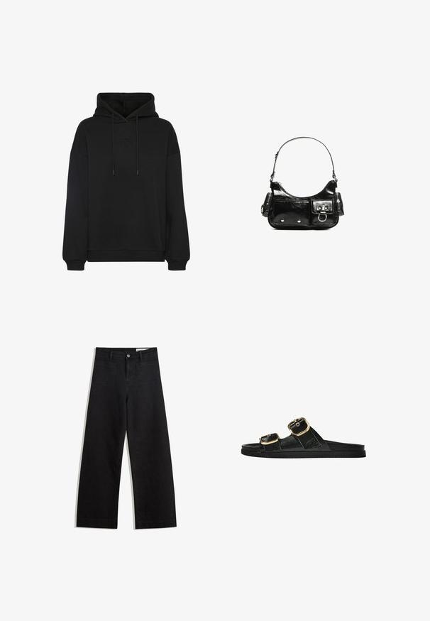 Felpa nera con cappuccio e grande tasca frontale, dotata di logo ricamato tono su tono sul petto, cappuccio con cordino e polsini e bordo a costine.; Pantaloni in denim neri a gamba larga con vita alta, dotati di tasche anteriori e posteriori, cuciture a punto, e chiusura con bottone. Texture liscia.; Infradito neri con due accenti di fibbia dorata, materiale dalla texture liscia, suola piatta e design minimalista.; Borsa a spalla in vernice nera con forma curvata, una tracolla, tasche frontali e dettagli in metallo argentato.