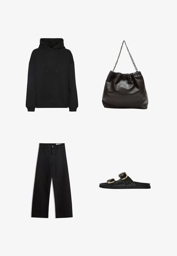 Crna dukserica s velikim prednjim džepom, s toniranim izvezenim logom na prsima, kapuljačom sa špagicama i rebrastim rukavima i donjim dijelom.; Crne široke traperice s visokim strukom, s prednjim i stražnjim džepovima, šivenim šavovima i kopčanjem na gumb. Glatka tekstura.; Crne sandale na klizanje s dva zlatna akcenta u obliku kopči, glatkog teksturiranog materijala, ravnim potplatom i minimalističkim dizajnom.; Smeđa kožna torba s naboranim vrhom i lančićem za nošenje. Glatka tekstura s sjajnim završetkom i suptilnim šavnim detaljima sa strane.