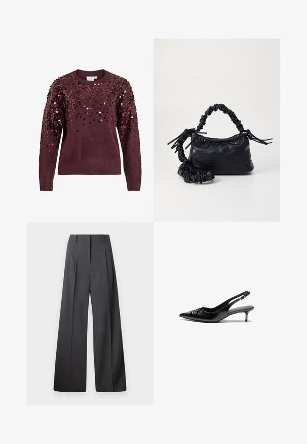 Pulover burgund cu aplicații de paiete pe umeri, guler rotund și manșete striate, oferind o suprafață texturată și reflectorizantă.; Pantaloni culți din țesătură gri închis, cu talie înaltă, pliuri simple și o textură netedă, cu o finisare curată la tivuri.; Cizme slingback din piele neagră, cu vârf ascuțit, toc mic de tip kitten heel și un detaliu decorativ sub formă de nod în față. Textură netedă pe întreaga suprafață.; Geantă din faux leather neagră cu textură de crocodil, cu partea superioară strânsă și o curea mototolită. Pare moale și compactă ca design.