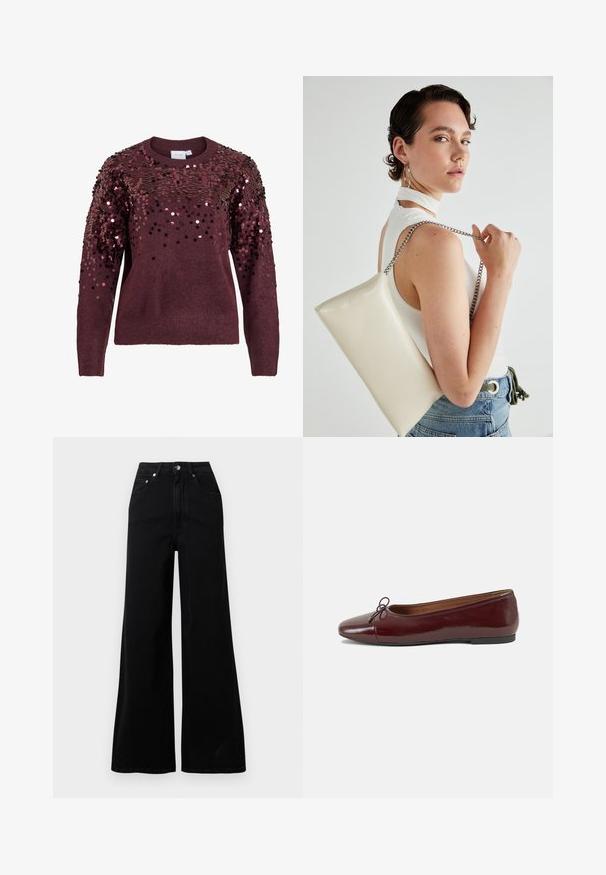 Viininpunainen neulepaita, jossa olkapäillä paljettikoristeet, pyöreä pääntie ja resorit hihansuuissa, tarjoten teksturoitua ja heijastavaa pintaa.; Musta leveälahkeiset farkut, valmistettu denimistä, joissa on korkeavyötärö, viisi taskua, edessä nappikiinnitys ja vähäiset ompeludetaljit.; Burgundin värinen lakattu nahkainen ballerinatossu pyöreällä varvaskärjellä, pienen nauhan yksityiskohdalla edessä ja matalalla mustalla kumipohjalla. Sujuva pinta.; Valkoinen suorakulmainen clutch-laukku, joka on valmistettu kiiltävästä materiaalista ja jossa on hopeinen ketjuolkahihna. Malli poseeraa laukku käsivarsillaan yksinkertaista taustaa vasten.