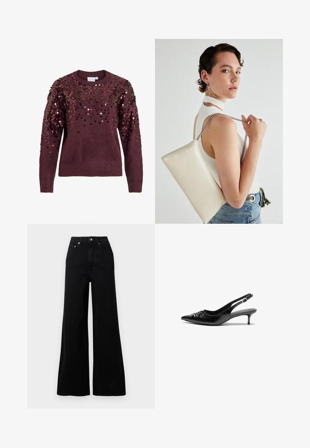 Bordog crveni džemper s ukrasima od šljokica na ramenima, okruglim izrezom i rebrastim rukavima, pružajući teksturiranu i odsjajnu površinu.; Crne široke traperice od trapera, s visokim strukom, pet džepova, zatvaranjem na gumbe sprijeda i minimalnim šavovima.; Crne kožne sandale na petu s ikkrenim nosom, malom kitten petom i dekorativnom mašnom sprijeda. Glatka tekstura svuda.; Bijela pravokutna torbica s kopčanjem, izrađena od sjajnog materijala, s srebrnim lančićem. Model pozira, prikazujući torbicu na jednostavnoj pozadini.