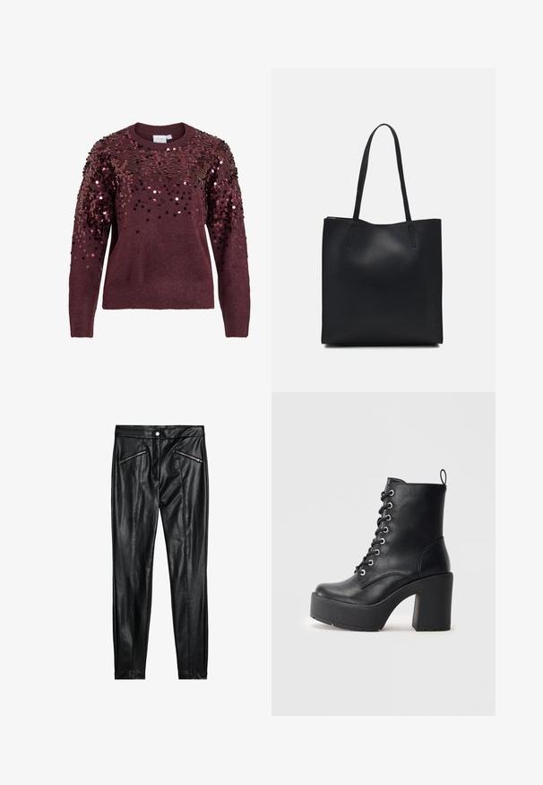 Bordo värvi kampsun, mille õlgadel on helkurhelmed, ümmargune kaelus ja soonikkoes mansetid, pakkudes tekstuurset ja peegeldavat pinda.; Mustad mustadest nahkpüksid, millel on keha lähedane kujundus, kaks lukuga esikotti ja sile tekstuur läikiva viimistlusega.; Must mustaankelisaapad, millel on paks plokkkonts, paeltega esiosa ja tekstuurpind. Tagaküljel on lihtsaks jalga panemiseks silmus.; Mustast nahast kott sujuva tekstuuriga, ristkülikukujuline ja kahe pika sangaga. Pole nähtavat riistvara ega kaunistusi.