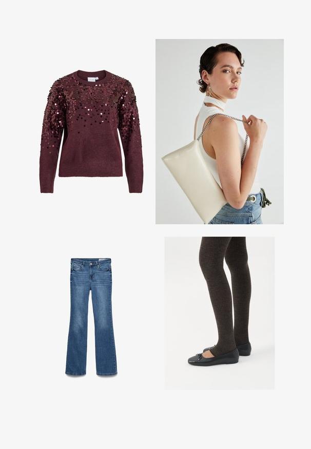 Bordowy sweter z cekinowymi zdobieniami na ramionach, z okrągłym dekoltem i ściągaczami na rękawach, oferujący teksturowaną i refleksyjną powierzchnię.; Niebieskie dżinsy z rozszerzanymi nogawkami i średnim stanem, z dwiema przednimi kieszeniami oraz przeszywaną talią. Miękka textura i tradycyjny pięcio-kieszeniowy krój.; Czarne płaskie buty z małym kokardkowym detalem na palcach, zestawione z ciemnobrązowymi rajstopami w prążki. Buty mają gładką teksturę i niski profil.; Biała prostokątna kopertówka wykonana z błyszczącego materiału, z srebrnym łańcuszkiem. Modelka pozuje, prezentując torebkę na jednolitym tle.
