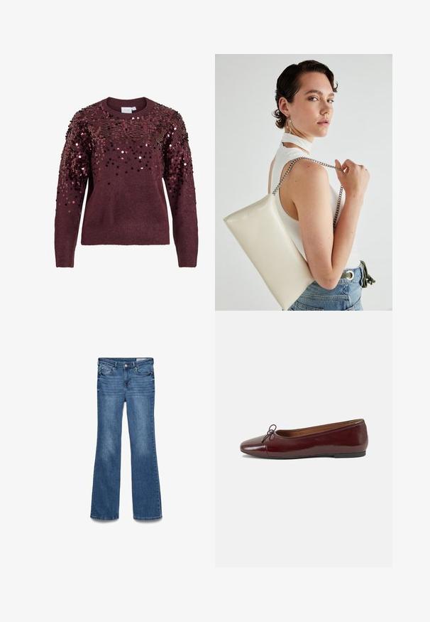 Burgundy sweater featuring sequin embellishments on shoulders, round neckline, and ribbed cuffs, offering a textured and reflective surface.; Blue denim flared jeans with a mid-rise waist, two front pockets, and a stitched waistband. Soft texture and traditional five-pocket design.; Burgundy patent leather ballet flat with a rounded toe, small bow accent at the front, and a low, black rubber sole. Smooth texture.; White rectangular clutch bag made of glossy material, featuring a silver chain strap. Model poses, showcasing the bag against a plain background.