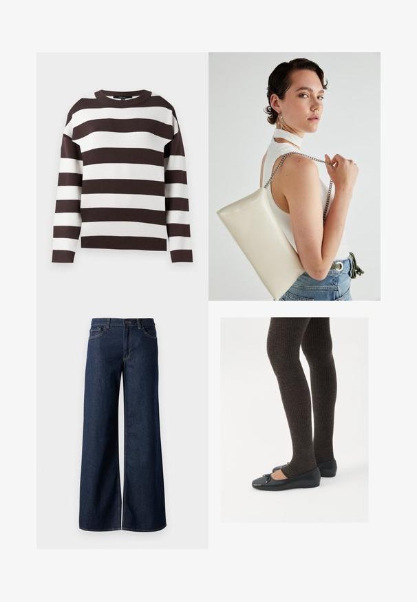 Ruskea ja valkoinen raidallinen villapaita, pyöreä pääntie, neulottu rakenne, leveät vaakaraitat, rento malli ja putoavat hartiat.; Suorat lahkeet farkut tummansinisestä denimmistä. Ominaisuuksiin kuuluvat kontrastiväriset ompeleet, viisi taskua ja nappisuljenta vyötäröllä. Sileä pinta.; Mustat matalat kengät, joissa on pieni nauha varpaissa, yhdistettynä tummanruskeisiin ribattuisiin sukkahousuihin. Kengissä on sileä pinta ja matala profiili.; Valkoinen suorakulmainen clutch-laukku, joka on valmistettu kiiltävästä materiaalista ja jossa on hopeinen ketjuolkahihna. Malli poseeraa laukku käsivarsillaan yksinkertaista taustaa vasten.