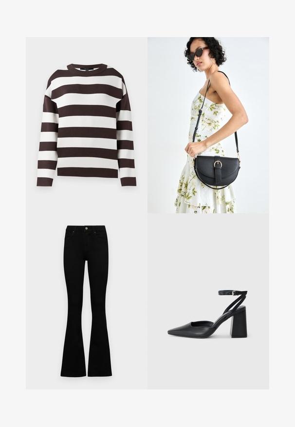 Pruunide ja valgete triipudega asja, ümmargune kaelus, kudumise tekstuur, laiad horisontaalsed triibud, mugav lõige ja madalad õlavarreõmblused.; Mustad kõrge vöökohtadega teksad, millel on nööp ja lukuga sulgemine, esikäe taskud ja laienevad sääred, asetatud tasasele valgele taustale.; Mustmustest must-käigukingad, millel on konksuga nöör ja paks konts. Ühtlane tekstuur, stiilne disain ja minimalistlik esteetika.; Mustmust mustraha kõverate joontega, eemaldatava rihmaga ja kuldsete detailidega. Kotil on klapp, millel on pandladetail.