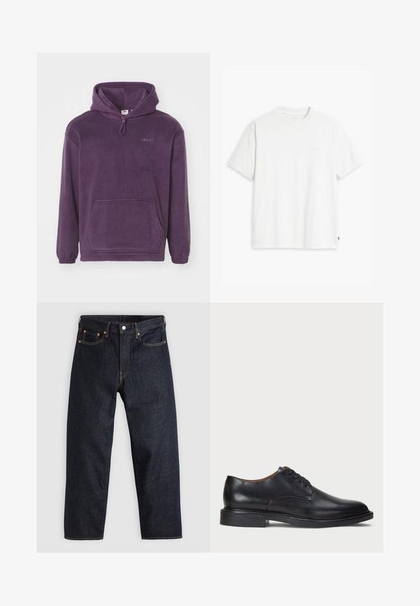 Fioletowa polarowa bluza z kapturem i sznurkiem do regulacji, z przednią kieszenią typu kangur i ribbowymi mankietami. Posiada haftowane logo na piersi.; Biała bawełniana koszulka z krótkim rękawem, okrągłym dekoltem i dyskretnym logo Levi's nadrukowanym na środku. Miękka tekstura i standardowy krój.; Granatowe dżinsy w prostym kroju, z pięcioma kieszeniami, kontrastującymi pomarańczowymi szwami oraz zapięciem na guzik. Brak widocznych wzorów lub zdobień.; Czarne skórzane buty wizytowe z okrągłym noskiem, sznurowanym zapięciem i niskim, warstwowym obcasem. Gładka faktura z minimalnymi detalami stębnowania.