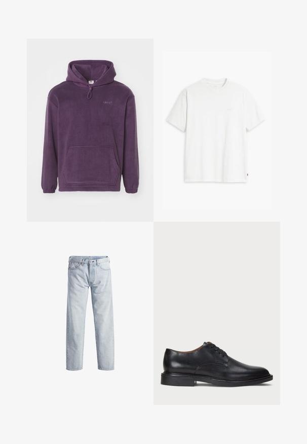 Hoodie de fleece roxo com capuz ajustável, bolso canguru frontal e punhos canelados. Apresenta bordado de marca no peito.; T-shirt de algodão branco com mangas curtas, decote redondo e logo discreto da Levi's impresso no centro. Tecido macio e ajuste padrão.; Jeans de ganga azul claro com um design de perna reta, fecho de botão, cinco bolsos e uma textura de desvanecimento subtil. Apresenta detalhes em metal.; Sapato de vestido em couro preto com bico redondo, design com atacadores e um salto baixo empilhado. Textura suave com detalhes de costura mínimos.