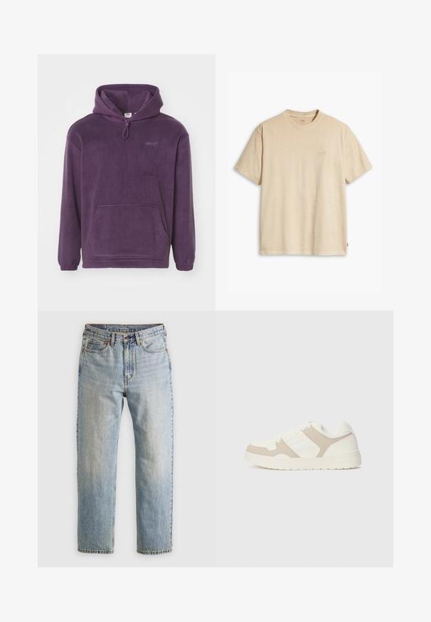 Lila Fleece-Hoodie mit einer Kordelzugkapuze, vorderer Kängurutasche und gerippten Bündchen. Hat gestickte Markenverzierungen auf der Brust.; Beige Baumwoll-T-Shirt mit Rundhalsausschnitt und kurzen Ärmeln. Verfügt über ein dezentes "Levi's"-Logo in der gleichen Farbe auf der Brust. Weiche Textur.; Helle blaue Jeans mit hoher Taille, Frontknopf, Reißverschluss und fünf Taschen-Design, flach auf einem neutralen Hintergrund ausgelegt.; Weiße und beige Sneaker mit einer Kombination aus glatten und Wildleder-Oberflächen, runder Zehenpartie, Schnürverschluss und flacher Gummisohle.