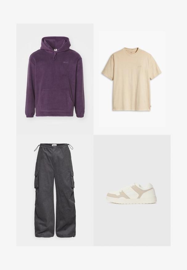 Lila Fleece-Hoodie mit einer Kordelzugkapuze, vorderer Kängurutasche und gerippten Bündchen. Hat gestickte Markenverzierungen auf der Brust.; Beige Baumwoll-T-Shirt mit Rundhalsausschnitt und kurzen Ärmeln. Verfügt über ein dezentes "Levi's"-Logo in der gleichen Farbe auf der Brust. Weiche Textur.; Graue Cargo-Hosen aus einem strukturierten Stoff, mit elastischem Bund, Kordelzug und Seitentaschen. Lässiger Schnitt mit weitem Bein.; Weiße und beige Sneaker mit einer Kombination aus glatten und Wildleder-Oberflächen, runder Zehenpartie, Schnürverschluss und flacher Gummisohle.