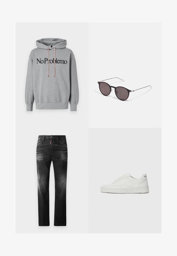 Felpa grigia con tasca a marsupio, cappuccio con cordino in rosso e bianco, con la scritta "No Problemo" stampata in caratteri neri in grassetto sulla parte anteriore.; Jeans in denim nero con vestibilità dritta. Presentano aree sbiadite, leggeri segni di usura, classico design a cinque tasche e chiusura con bottone.; Sneaker in pelle bianca con una finitura liscia, punta rotonda, lacci piatti e suola testurizzata. Presenta un logo discreto sul tallone.; Occhiali da sole neri rotondi con lenti scure e sottili bracci in metallo. Include punte trasparenti e accenti argentati alla cerniera. Design minimalista.