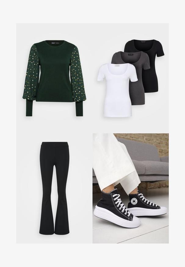 Zelený dlouhý rukáv s texturovaným trupem a nabíranými rukávy, který má rozptýlené zlaté tečkované vzory. Kolo výstřih a přiléhavé manžety.; Tři přiléhavé trička v bílé, šedé a černé barvě. Každé má široký výstřih a krátké rukávy. Vyrobeno z hladké, pružné tkaniny.; Černé zvonové kalhoty vyrobené z elastického materiálu, s vysokým pasem a hladkou texturou. Kalhoty se rozšiřují od kolene.; Černé vysoké tenisky s bílými gumovými podrážkami a tkaničkami. Mají kulatou nášivku s logem a kontrastní bílé prošití. Materiál plátno.