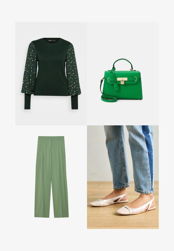 Groen lang mouwtop met een gestructureerd lichaam en pofmouwen met verspreide gouden stippenpatronen. Ronde halslijn en aansluitende manchetten.; Groene wijde broek van gladde stof. Bevat plooien aan de voorkant, een enkele knoopsluiting en riemlussen.; Zachtroze slingback ballerina's met een spitse neus, gemaakt van een glad leerachtig materiaal. Bevat uitsnijdingen aan de zijkanten en heeft een platte hak.; Groene leren handtas met een gestructureerd ontwerp, gouden hardware, een bovenste handvat en een afneembare schouderband. Beschikt over een slotaccent en een gestructureerde afwerking.