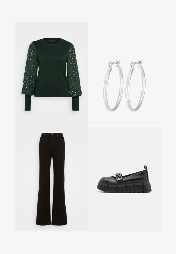 Camiseta verde de manga larga con un cuerpo texturizado y mangas abullonadas, adornada con patrones de pequeños puntos dorados. Cuello redondo y puños ajustados.; Vaqueros acampanados de tiro alto en negro, hechos de mezclilla, con cierre de botón, bolsillos laterales y una textura suave.; Mocasines de plataforma negros con punta redondeada, parte superior de cuero suave, hebilla ajustable y suela de goma texturizada con estrías horizontales.; Pendientes de aro de plata con un acabado liso y pulido. Forma redonda y cierre de click seguro. Diseño ligero adecuado para el uso diario.