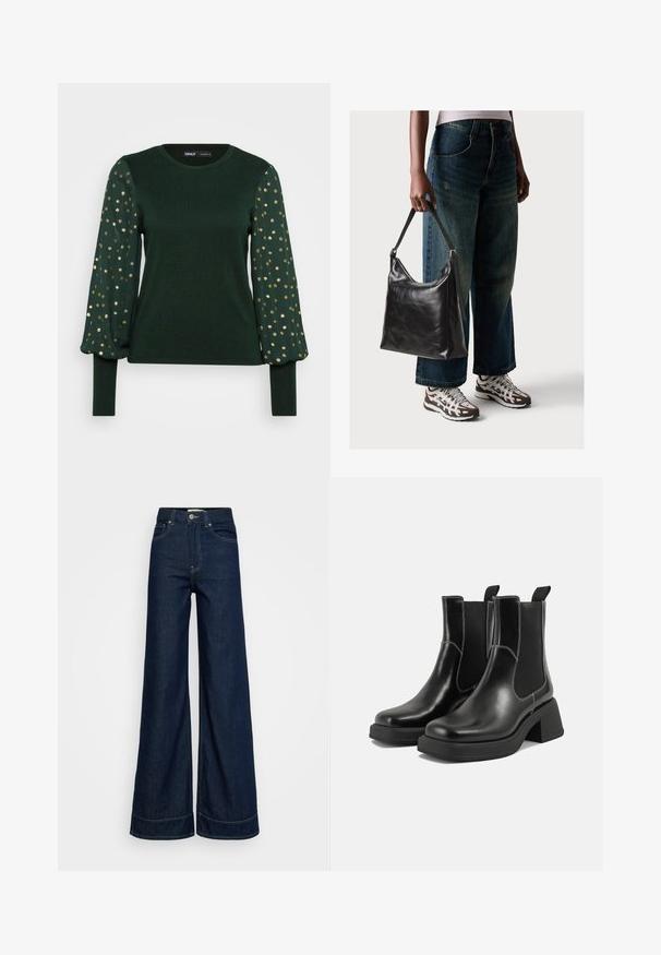 Groen lang mouwtop met een gestructureerd lichaam en pofmouwen met verspreide gouden stippenpatronen. Ronde halslijn en aansluitende manchetten.; Donkerblauwe high-waist wijde jeans met voorzakken, riempjes, knoopsluiting en zichtbare stiksels op een witte achtergrond.; Zwarte leren Chelsea-boots met een chunky hak, elastische zijpanelen en contrasterende witte stiksels. Gestructureerde afwerking.; Zwarte leren schoudertas met een gladde textuur en een verstelbare strap, gecombineerd met vervaagde wijde jeans en sportieve sneakers.