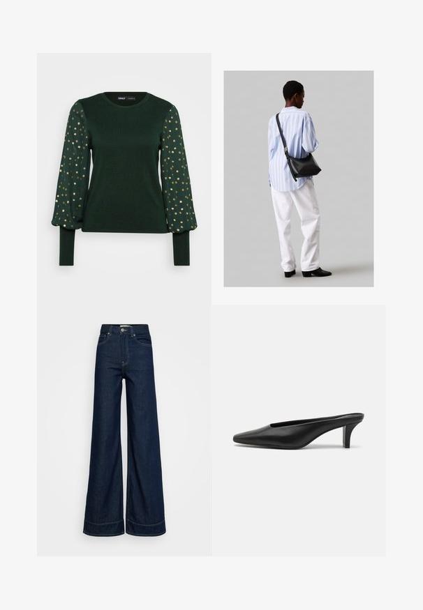 Grünes Langarmoberteil mit strukturiertem Körper und Puffärmeln, die mit verstreuten goldenen Punktmustern versehen sind. Runder Ausschnitt und eng anliegende Bündchen.; Dunkelblaue High-Waist-Weitbein-Jeans mit vorderen Taschen, Gürtelschlaufen, Knopfverschluss und sichtbaren Nähten auf weißem Hintergrund.; Schwarze Leder-Pantoletten mit spitzer Zehenform und niedrigem Stiletto-Absatz. Glatte Textur, minimalistisches Design und offener Rücken für einfachen Einstieg.; Schwarze Leder-Umhängetasche mit weicher Textur, dreieckiger Form und verstellbarem Tragegurt, kombiniert mit einem hellblauen gestreiften Hemd und weißen Hosen.