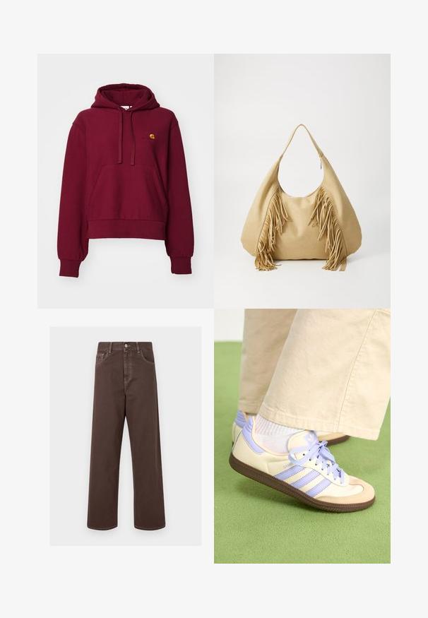 Sweatshirt à capuche bordeaux en mélange de coton, avec une poche kangourou à l'avant, des poignets côtelés et un logo brodé sur la poitrine.; Pantalons en denim marron à jambes larges avec des coutures contrastées, cinq poches et un bouton métallique. Texture lisse, coupe droite.; Baskets crème et lavande avec trois bandes et une semelle marron texturée, dotées de lacets et d'un talon rembourré. Tige en tissu doux.; Sac à épaule en daim beige avec une grande ouverture et de longs accessoires en frange de chaque côté, présentant une texture lisse et une seule anse.
