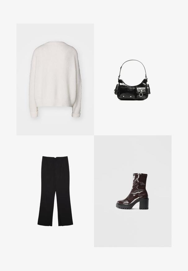 Vit, fluffig majtröja med avslappnad passform, ribbade ärmslut och nederkant. Slät textur utan synliga knäppningar eller mönster.; Svarta byxor med rak passform, utrustade med framfickor och sidoklyvningar vid fållen. Tillverkade av mjukt, slätt tyg. Lämpliga för olika tillfällen.; Glansig bordeauxfärgad ankelsko med en kraftig svart klack, som har en slät yta och enkel design. Inga synliga stängningar eller mönster.; Svart lackläderhandväska med en rundad form, en axelrem, framfickor och detaljer i silverfärg.