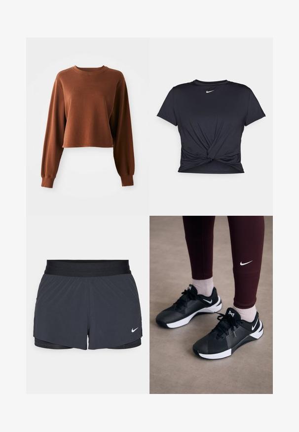 Brun crop sweatshirt laget av myk bomullsblanding. Har lange ermer og rund hals med ribbestrikket kant. Jevn tekstur.; Svart trenings T-skjorte laget av glatt stoff, med en knyttet frontdesign og en liten hvit Nike-logo på brystet.; Sorte treningshorts med elastisk midjebånd, med lagdelt design og liten hvit Nike-logo på nederste venstre side. Lett materiale.; Svarte joggesko med en strukturert overdel og hvite detaljer, med snøring og logo på siden. Brukt med maroon leggings og lyse sokker.