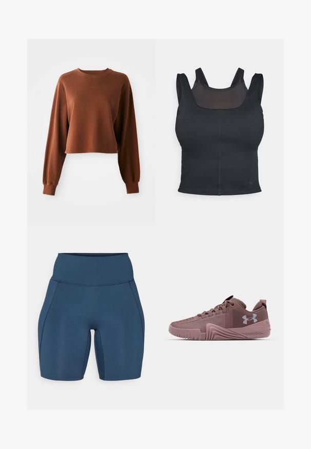 Sweatshirt cropped brun en tissu doux à base de coton. Présente des manches longues et un col rond avec bord côtelé. Texture lisse.; Soutien-gorge de sport noir avec une coupe ajustée, des bretelles larges et une superposition en mesh sur le devant. Texture lisse et coutures minimalistes. Logo Nike à l'ourlet.; Shorts de sport bleu foncé avec une taille haute, texture lisse et coutures plates. Présente un design ajusté qui s'étend jusqu'au milieu de la cuisse.; Baskets de sport rose foncé avec tige en maille texturée, semelle en caoutchouc et motif de grip prononcé ; elles présentent un logo sur le côté et un col rembourré.