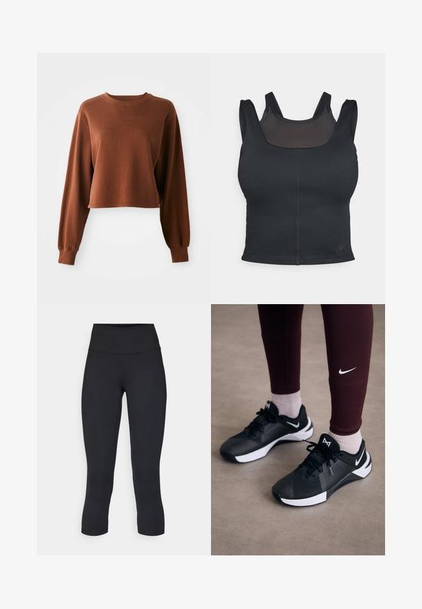 Barna, rövid fazonú pulóver, puha pamut keverék anyagból készült. Hosszú ujjaival és bordázott nyakkivágásával rendelkezik. Sima tapintású.; Fekete sportrész a testhezálló kialakítása, széles pántjai és hálós borítása miatt. Sima tapintás és minimális varrások. Nike logó a szegélyén.; Fekete, rövidített leggings elasztikus anyagból, magas derékkal és sima textúrával, látható minták vagy fémalkatrészek nélkül.; Fekete sportcipők texturált felsőrésszel és fehér akcentussal, fűzőkkel és oldalsó logóval. Bordó leggingsszel és világos zoknival viselve.